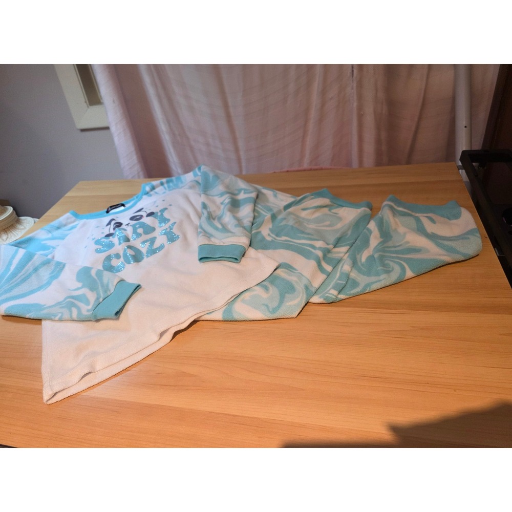 Cuddl Duds Kids Pajama Set Size S 6/6X Teal White Marble Fleece Stay Cozy 2pc